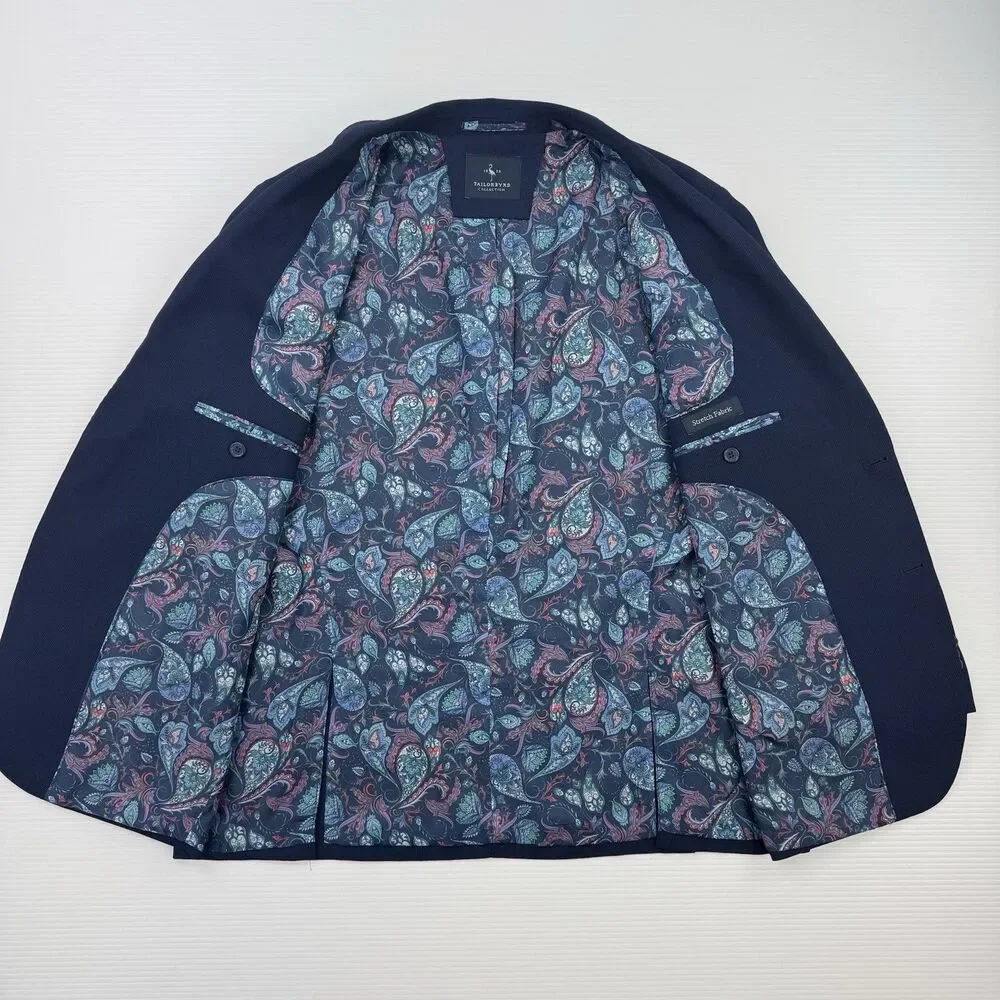 Tailorbyrd Collection Mens 46R Navy Blue Stretch Blazer Paisley Lining NWOT